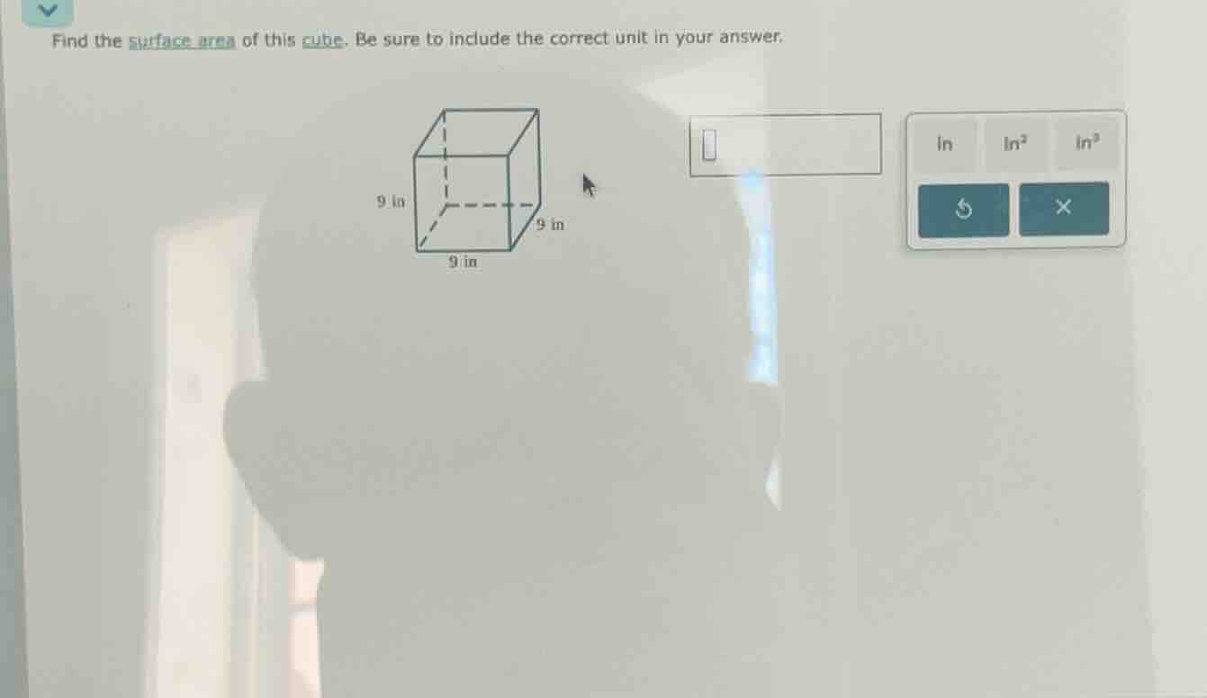 find the surface area of this cube. be sure to include the correct unit…