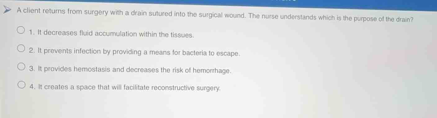 a client returns from surgery with a drain sutured into the surgical wo…