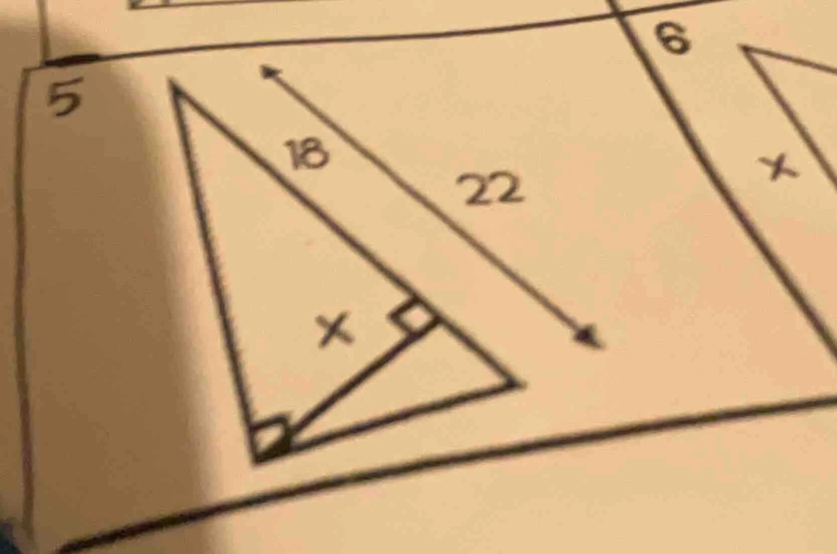 in the right triangle diagram, there are lengths 18, 22, and an unknown…