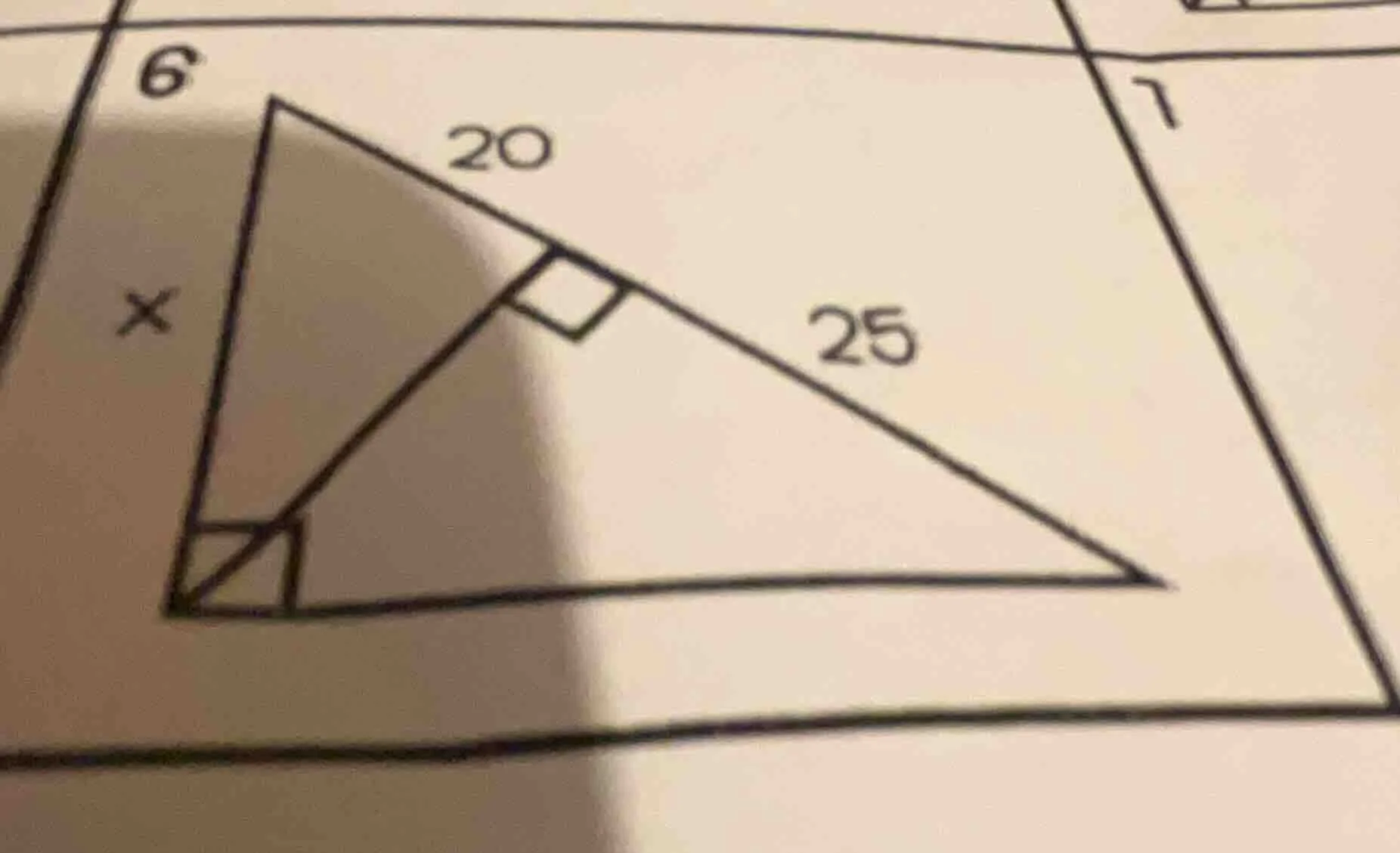 in the right triangle, there are segments labeled 20, 25, and a side la…