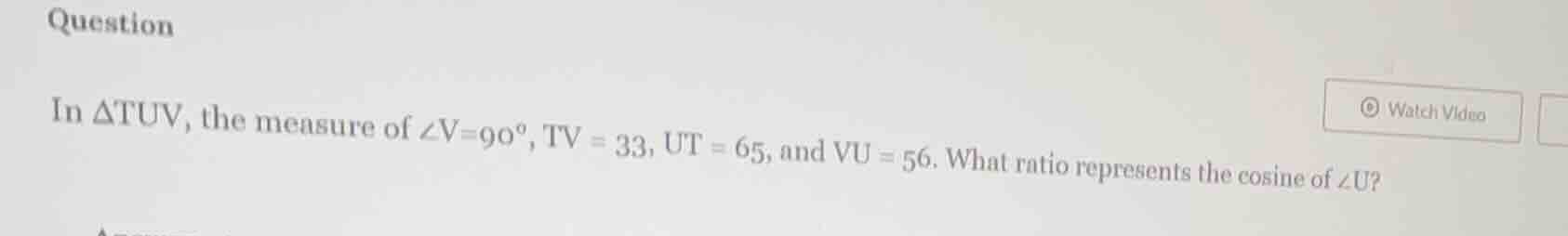 question in $\\triangle tuv$, the measure of $\\angle v = 90^\\circ$, $…