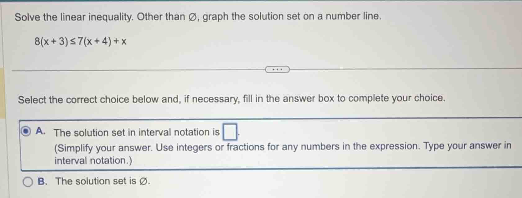 solve the linear inequality. other than \\( \\varnothing \\), graph the…