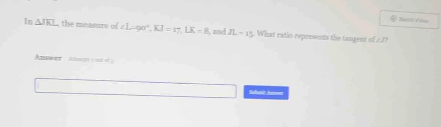 in $\\triangle jkl$, the measure of $\\angle l = 90^\\circ$, $kj = 17$,…