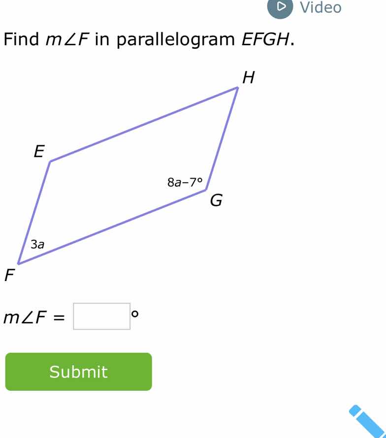 find m∠f in parallelogram efgh. m∠f = \\boxed{}^\\circ submit