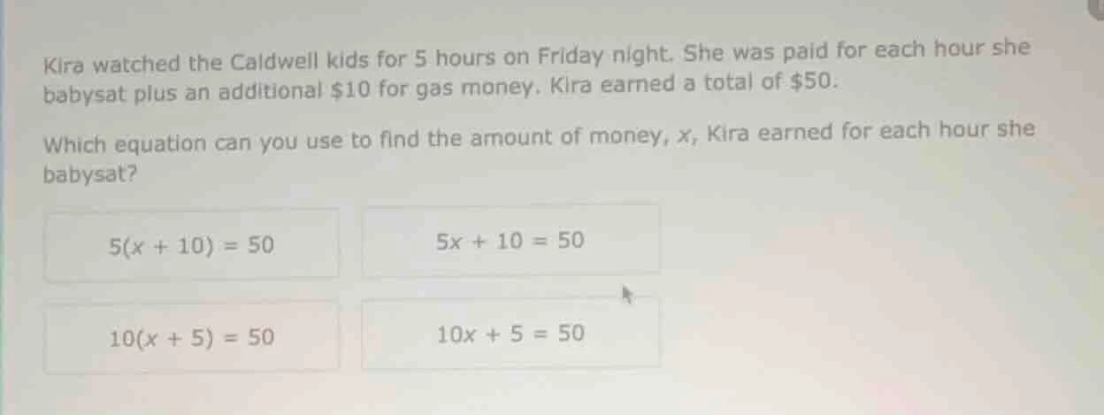 kira watched the caldwell kids for 5 hours on friday night. she was pai…