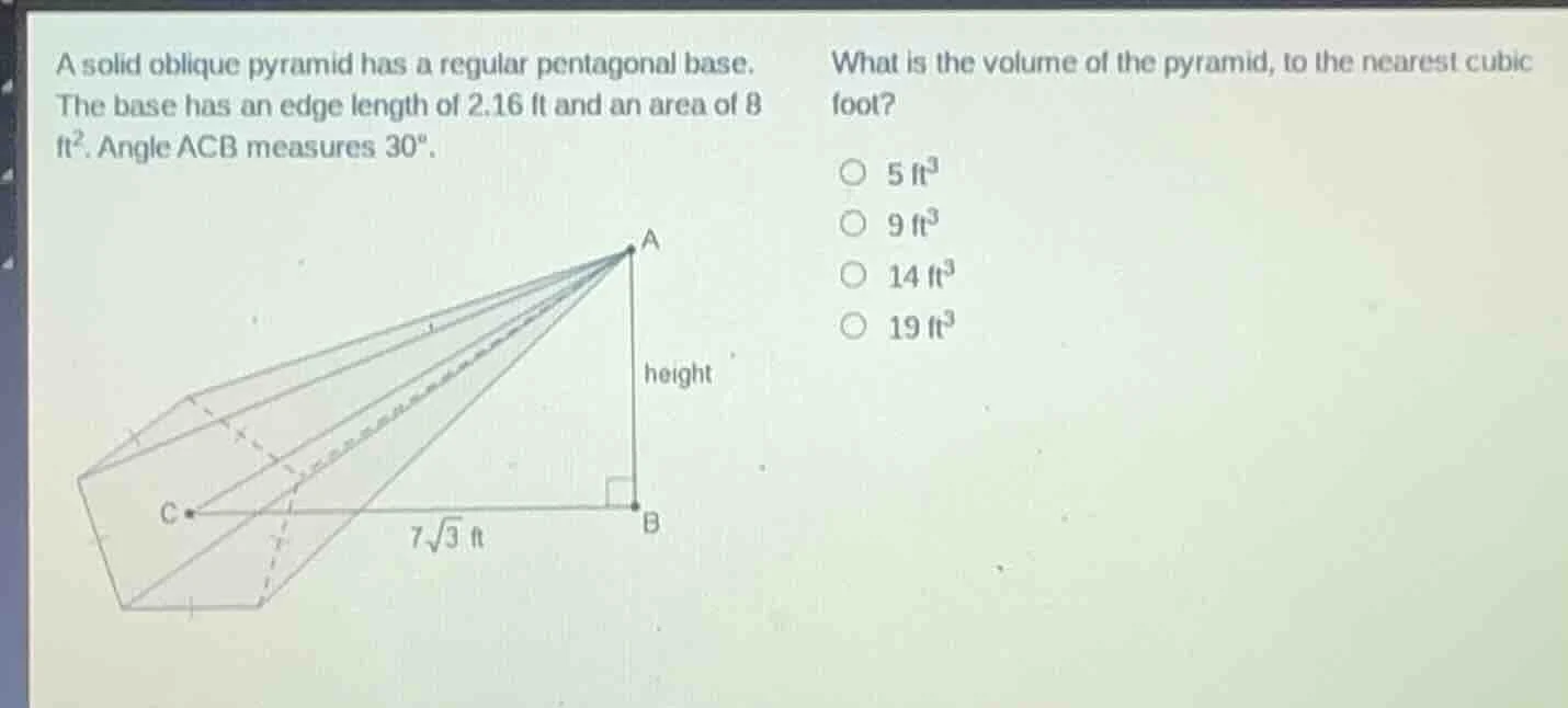 a solid oblique pyramid has a regular pentagonal base. the base has an …