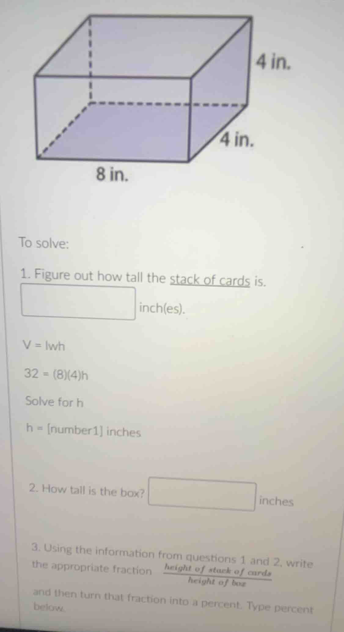 to solve: 1. figure out how tall the stack of cards is. □ inch(es). v =…