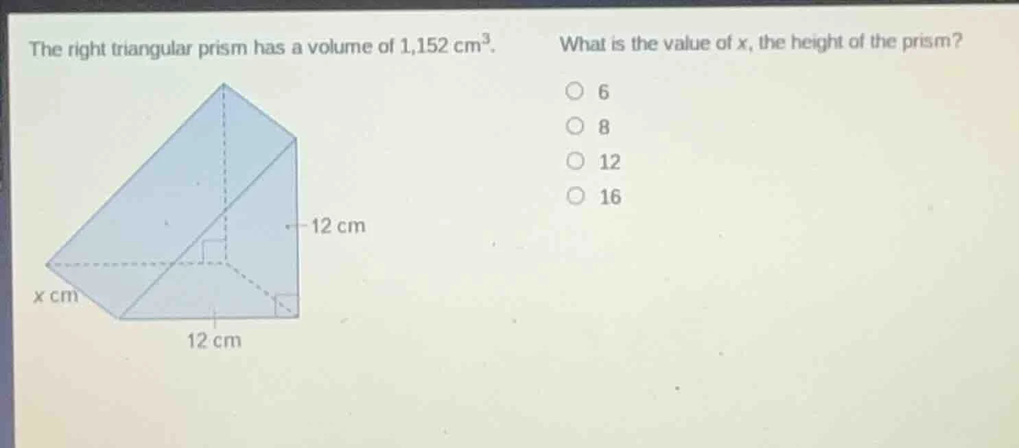the right triangular prism has a volume of 1,152 cm³. what is the value…