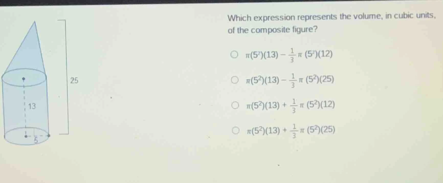 which expression represents the volume, in cubic units, of the composit…
