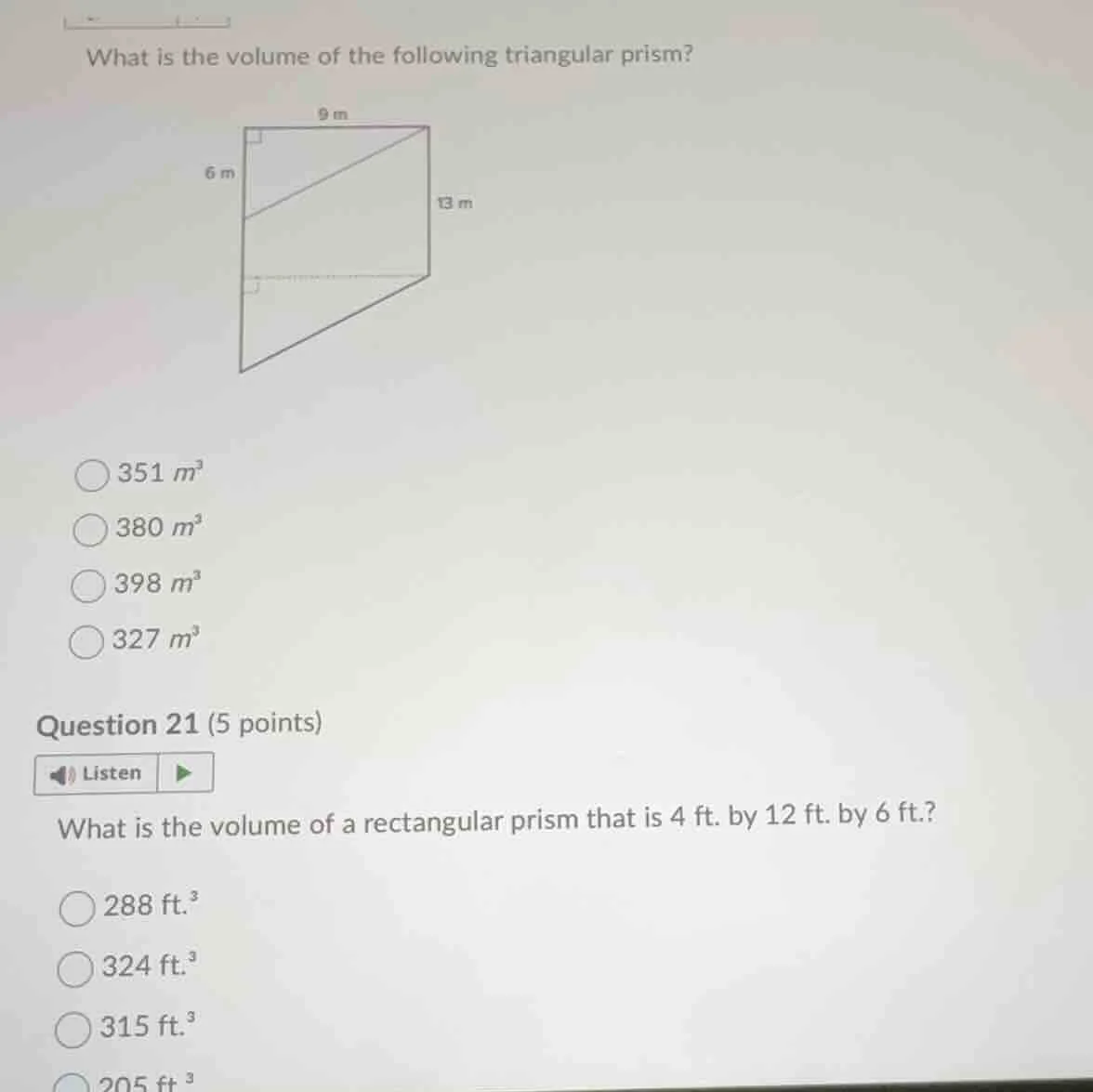 what is the volume of the following triangular prism? 9 m 6 m 13 m 351 …