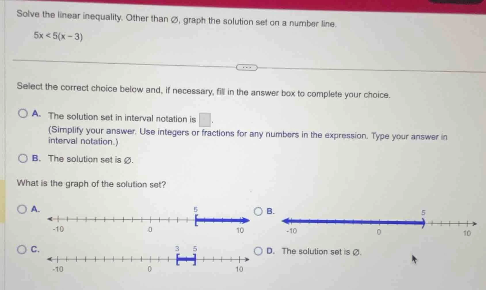 solve the linear inequality. other than \\( \\varnothing \\), graph the…