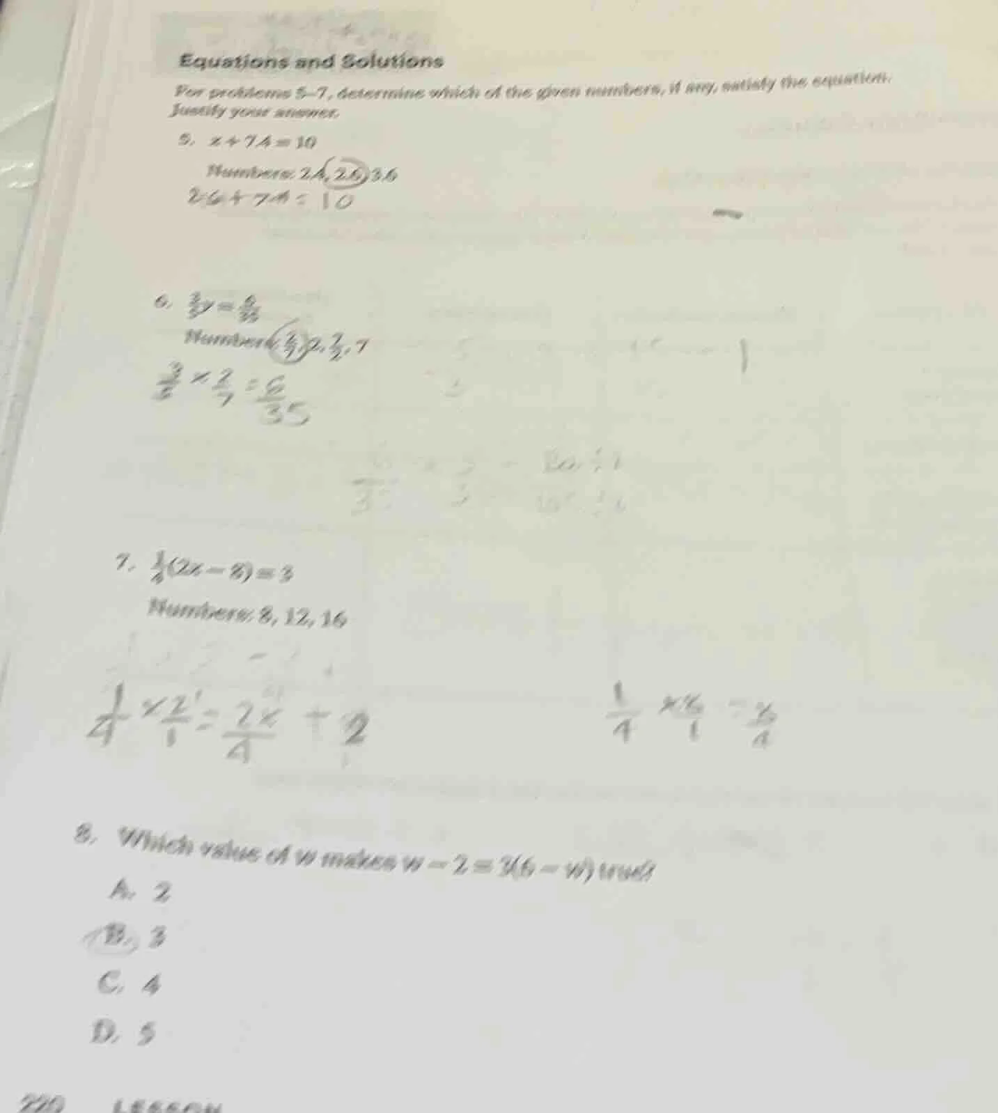 8. which value of w makes ( w - 2 = 3(6 - w) ) true? a. 2 b. 3 c. 4 d. 5