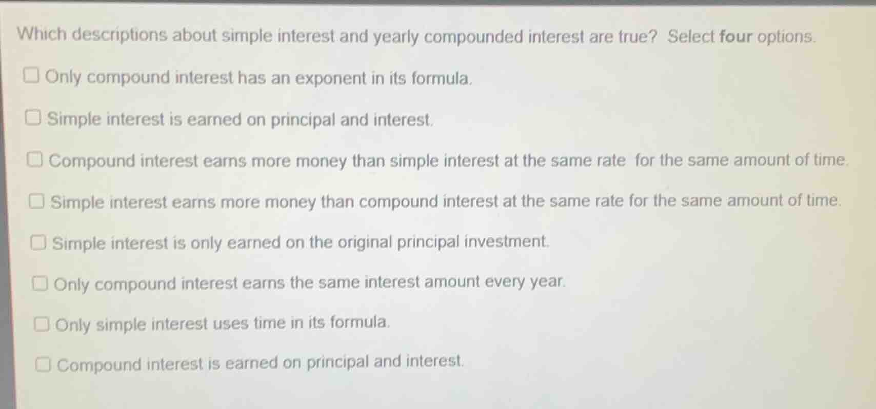 which descriptions about simple interest and yearly compounded interest…