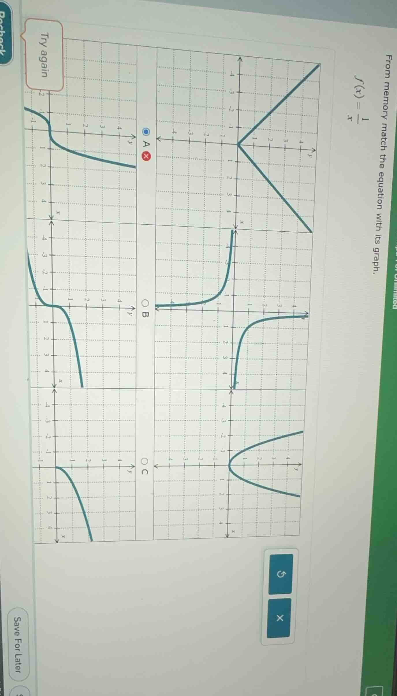 from memory match the equation with its graph. \\( f(x) = \\frac{1}{x} …