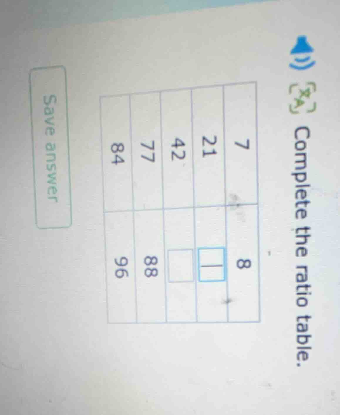 complete the ratio table. 7 21 42 77 84 8 \boxed{} \boxed{} 88 96 save …