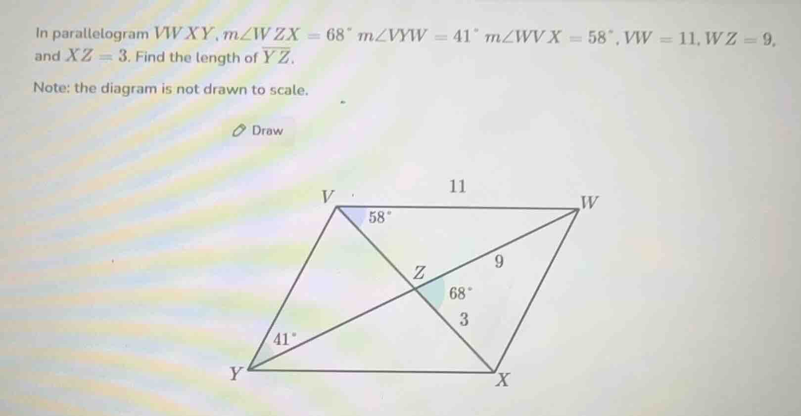 in parallelogram vwxy, ( mangle wzx = 68^circ ), ( mangle vyw = 41^circ…