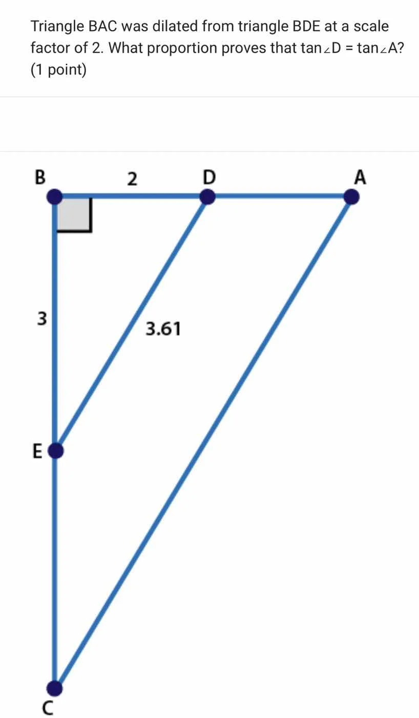 triangle bac was dilated from triangle bde at a scale factor of 2. what…