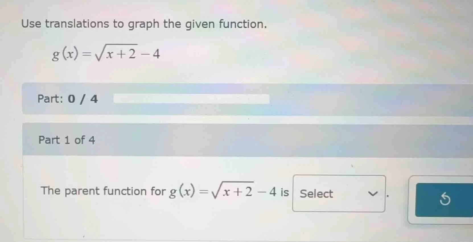 use translations to graph the given function. \\( g(x) = sqrt{x + 2} - …