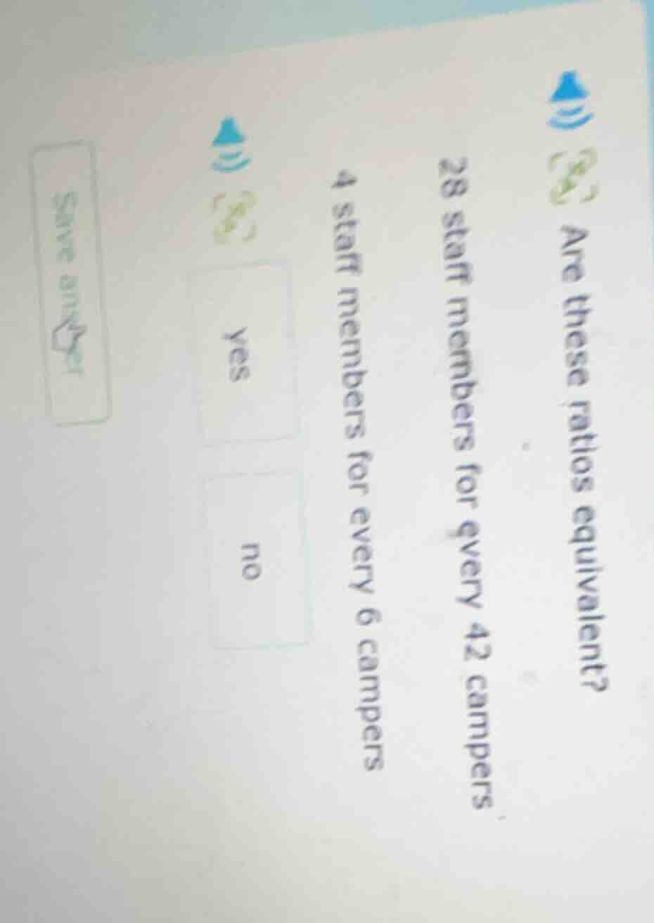 are these ratios equivalent? 28 staff members for every 42 campers 4 st…