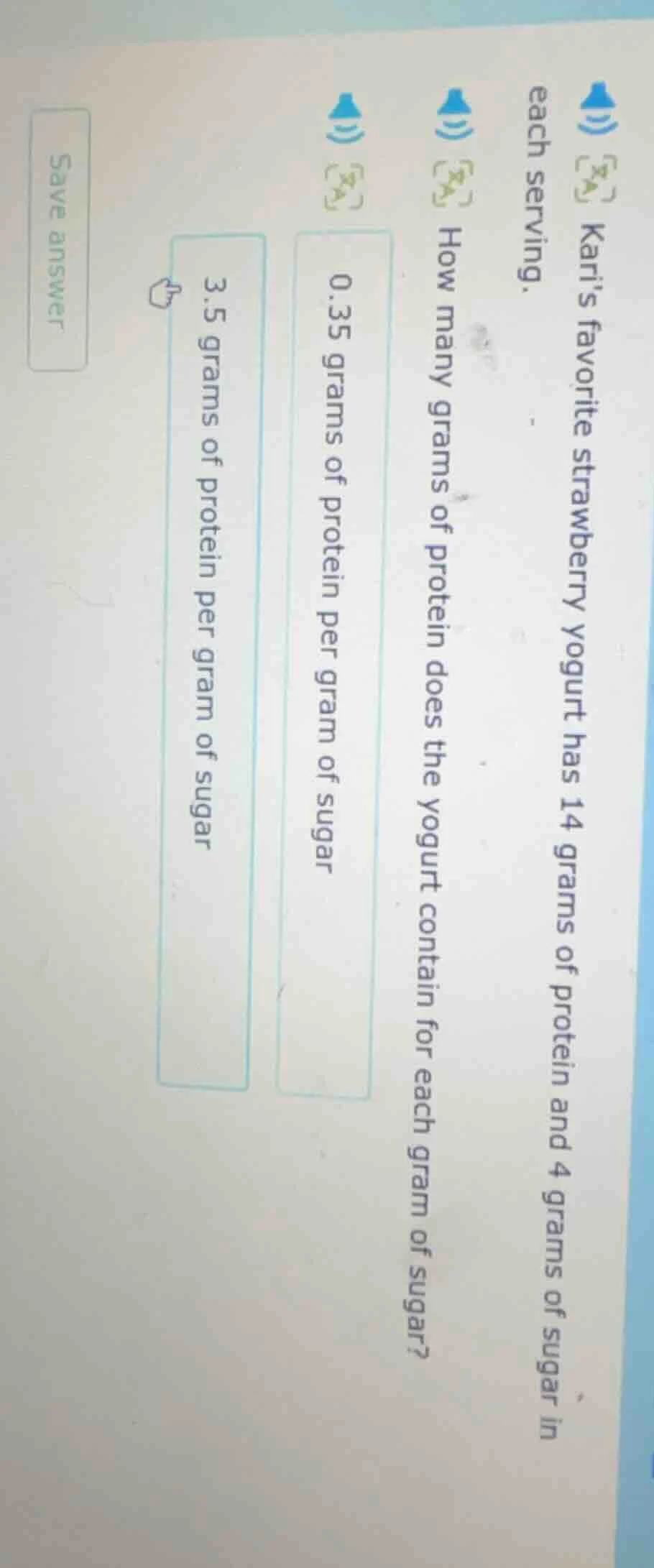 karis favorite strawberry yogurt has 14 grams of protein and 4 grams of…