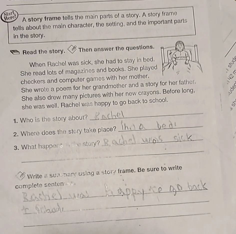 a story frame tells the main parts of a story. a story frame tells abou…