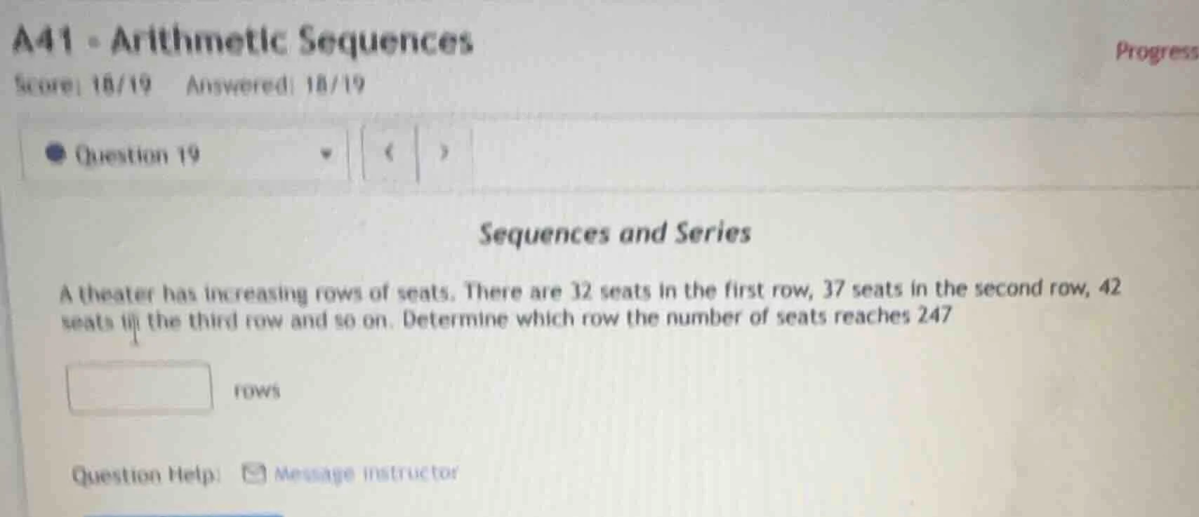 a41 - arithmetic sequences score: 18/19 answered: 18/19 question 19 seq…