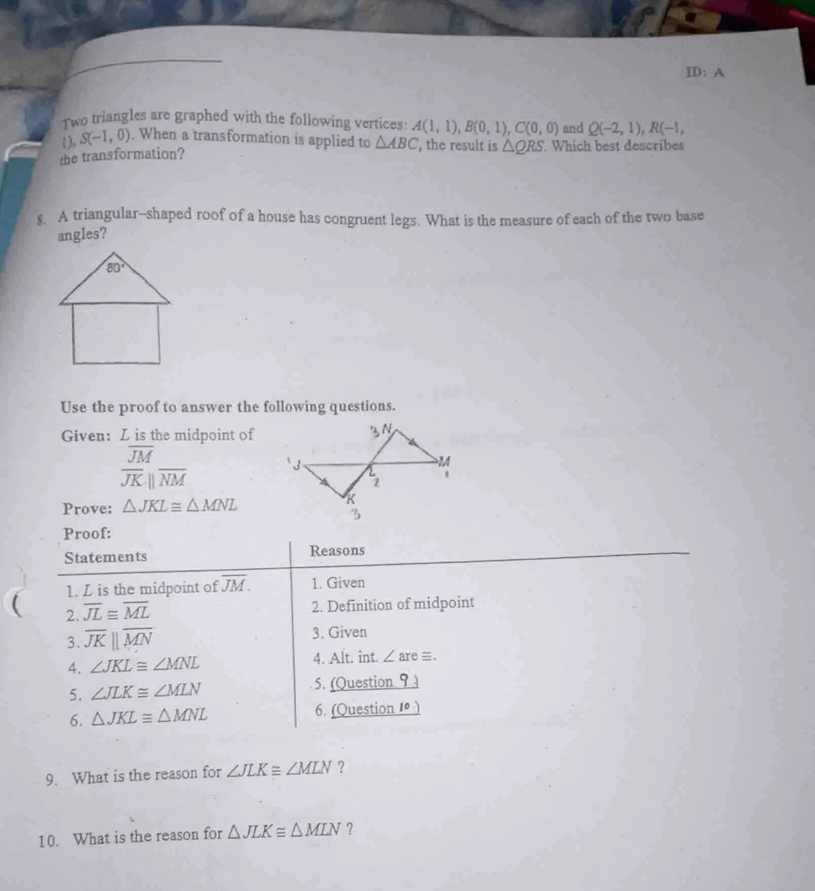 two triangles are graphed with the following vertices: a(1, 1), b(0, 1)…