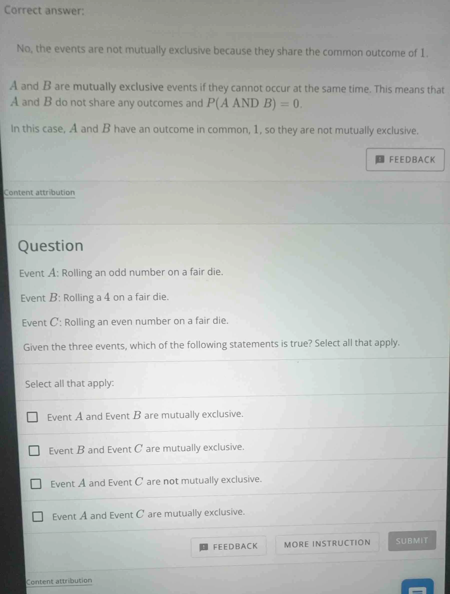 question event a: rolling an odd number on a fair die. event b: rolling…