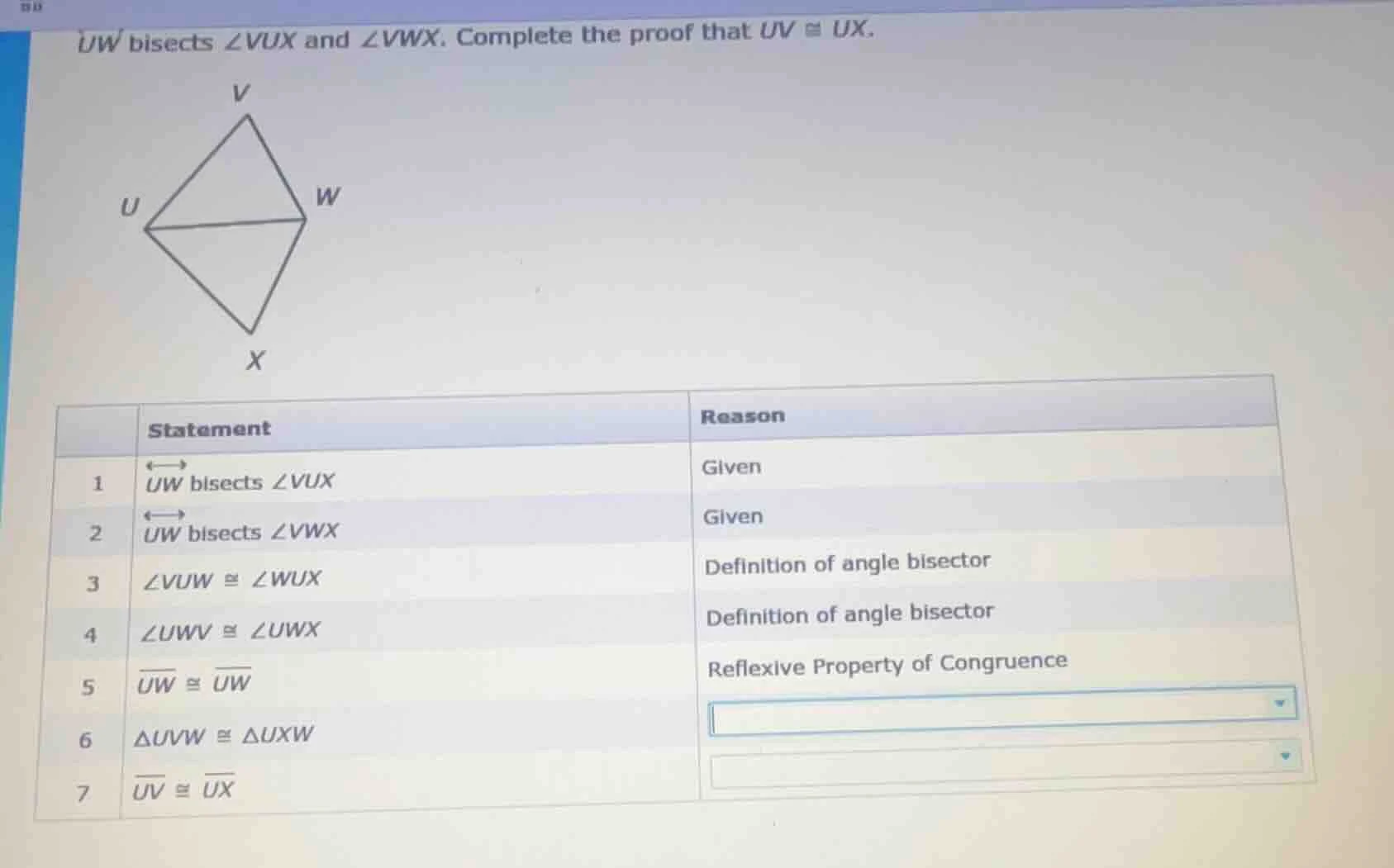 uw bisects ∠vux and ∠vwx. complete the proof that ( overline{uv} cong o…
