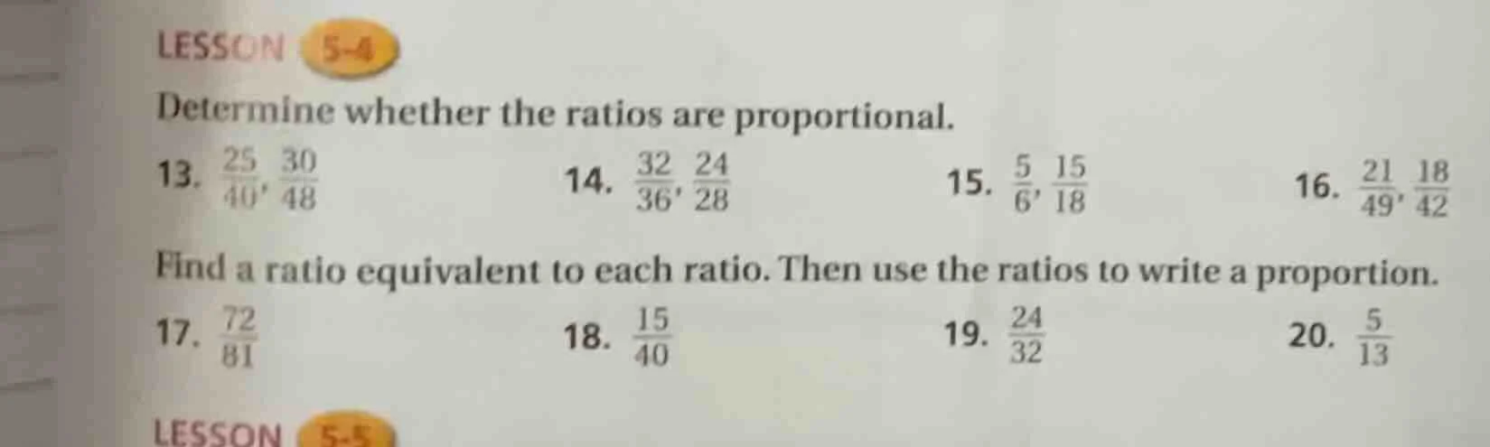 lesson 5-4 determine whether the ratios are proportional. 13. \\(\frac{…
