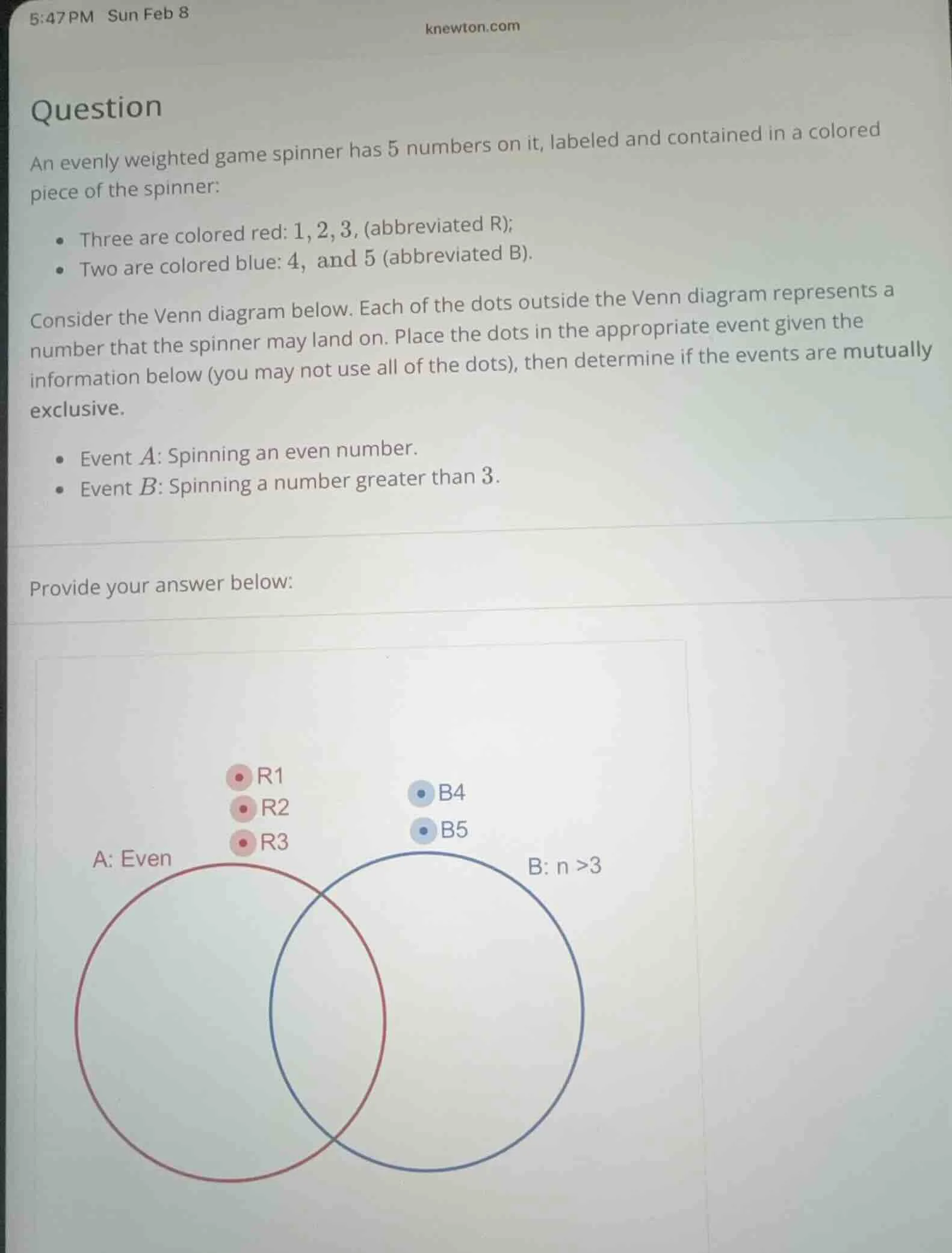 question an evenly weighted game spinner has 5 numbers on it, labeled a…