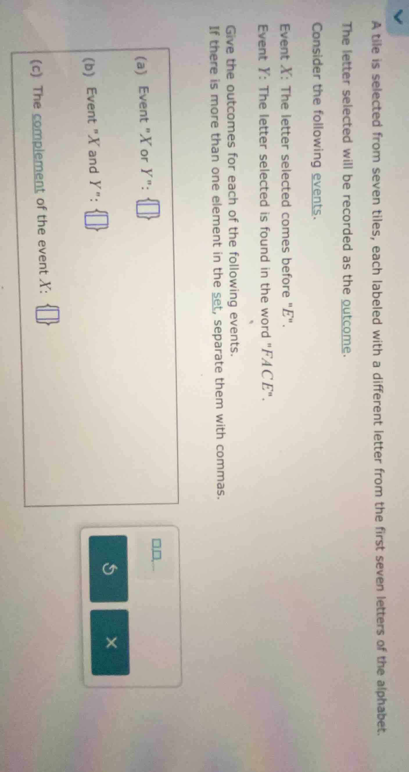 a tile is selected from seven tiles, each labeled with a different lett…