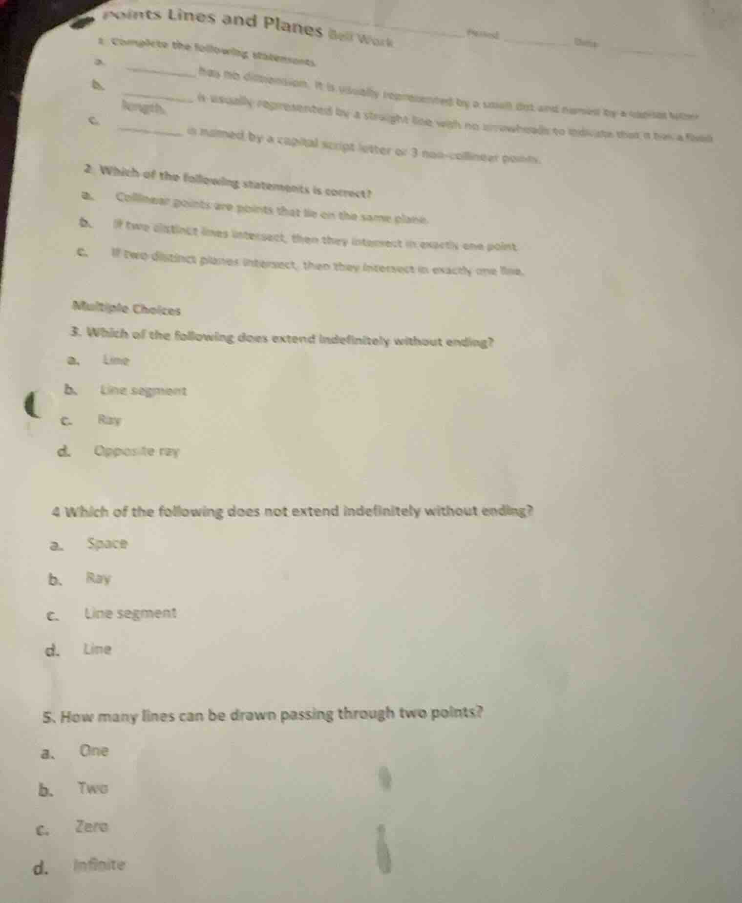 points lines and planes bell work 1. complete the following statements …