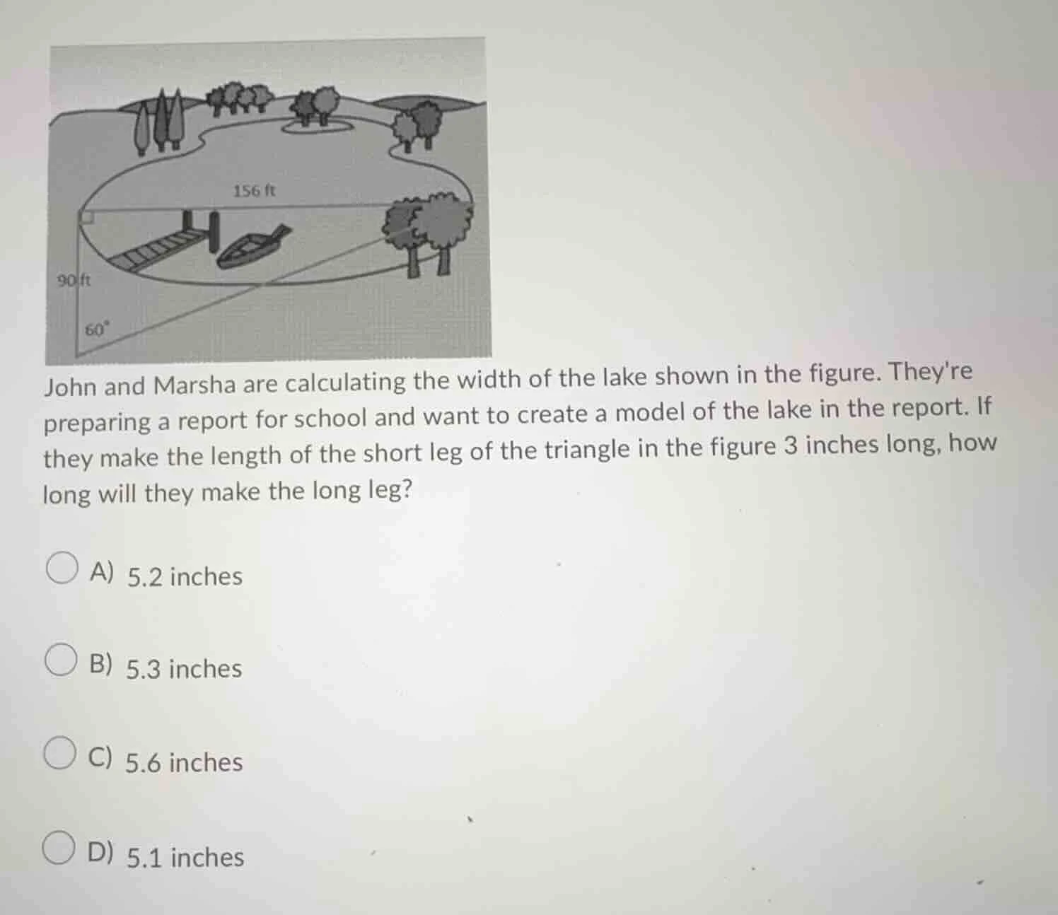 john and marsha are calculating the width of the lake shown in the figu…