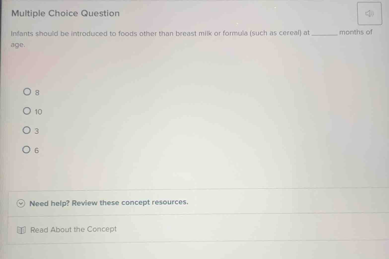 multiple choice question infants should be introduced to foods other th…