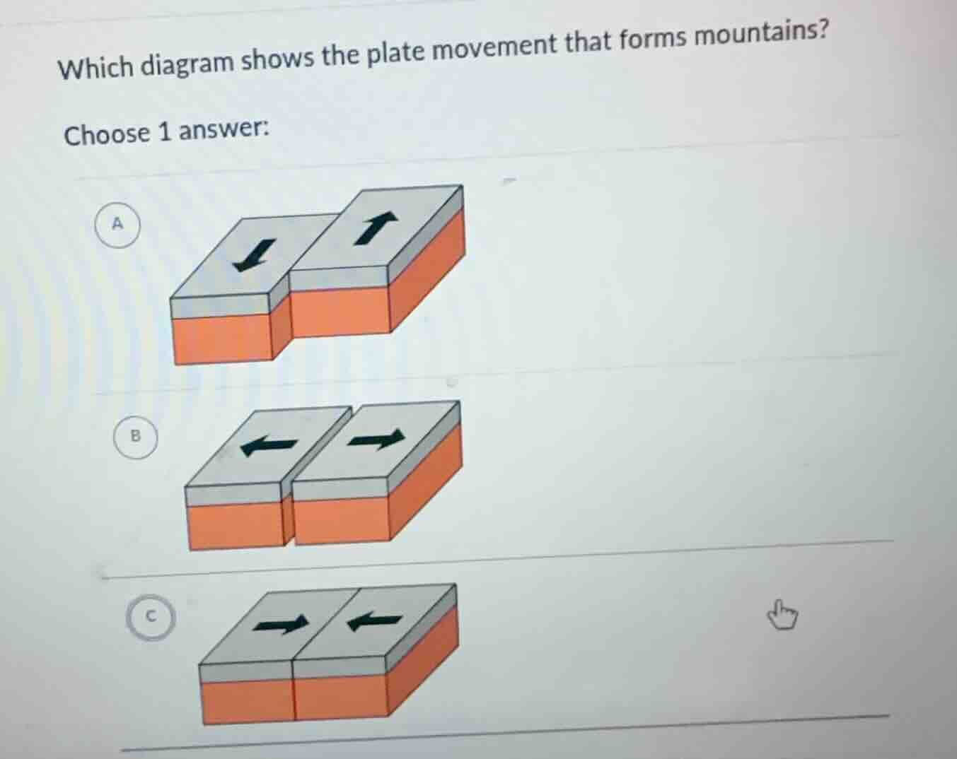 which diagram shows the plate movement that forms mountains? choose 1 a…