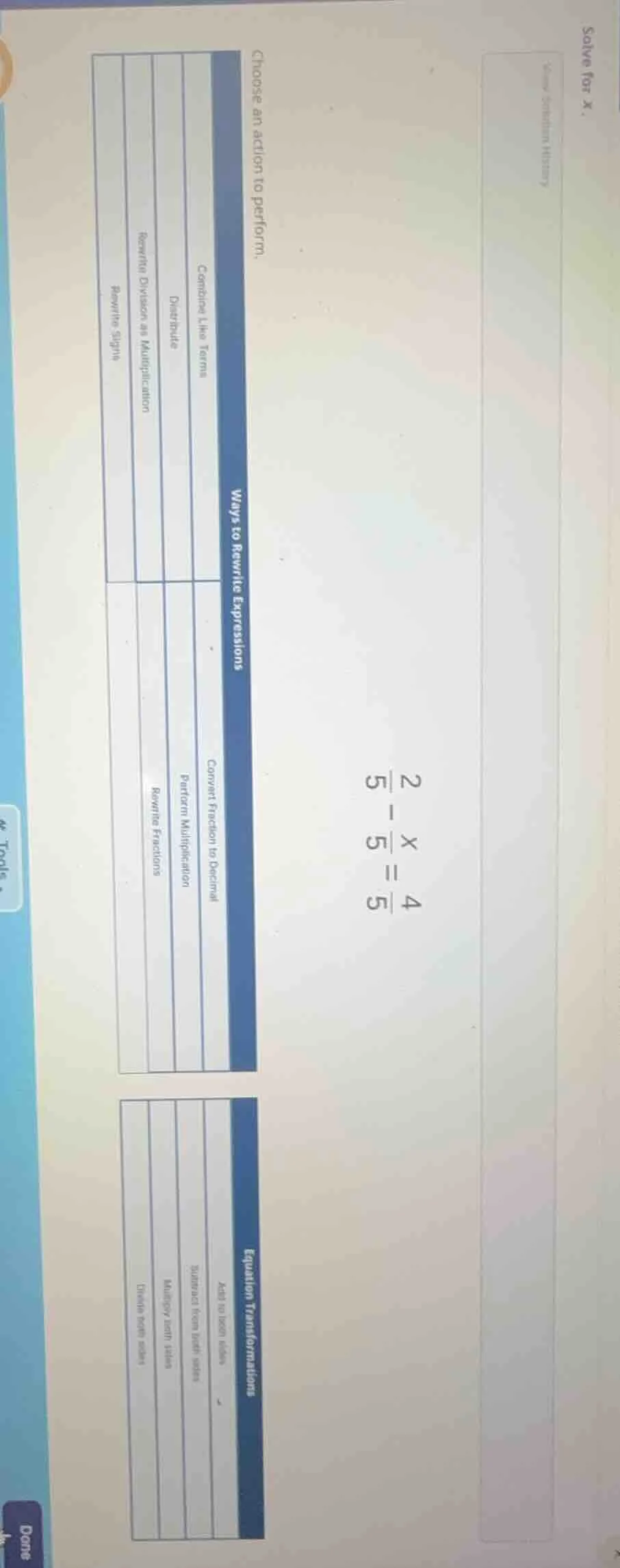 solve for x. \\(\frac{2}{5} - \frac{x}{5} = \frac{4}{5}\\) choose an ac…