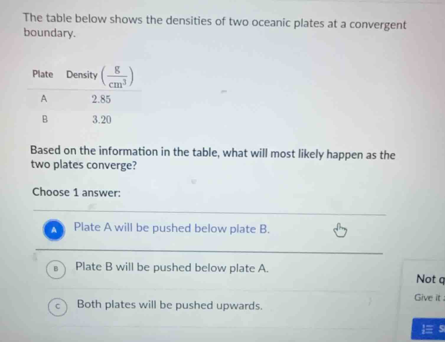 the table below shows the densities of two oceanic plates at a converge…