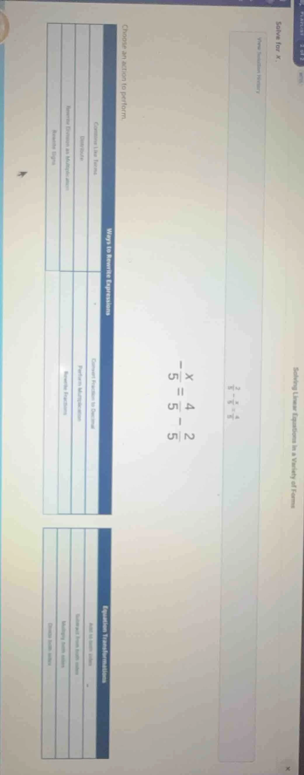 solve for x. $\\frac{2}{5}-\\frac{x}{5}=\\frac{4}{5}$ $\\frac{x}{5}=\\f…
