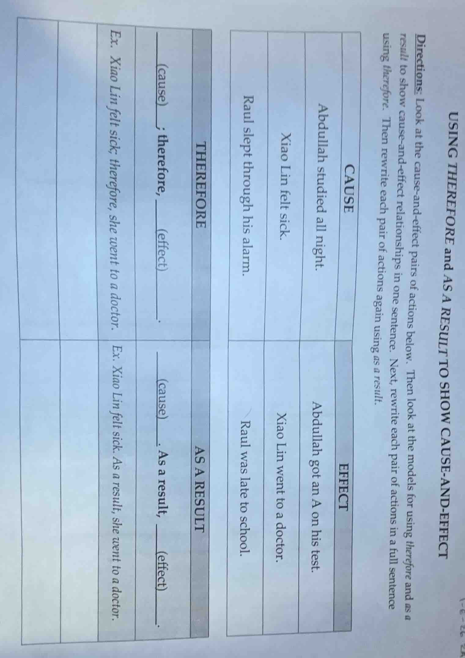using therefore and as a result to show cause - and - effect directions…