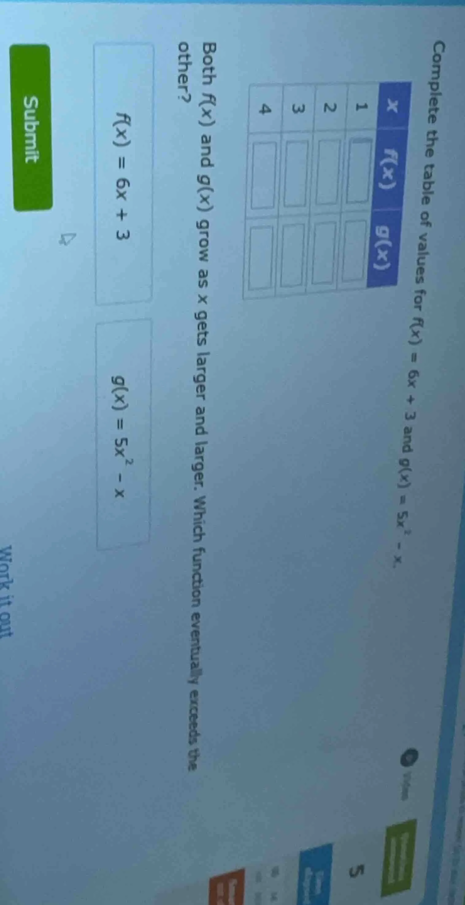 complete the table of values for ( f(x) = 6x + 3 ) and ( g(x) = 5x^2 - …