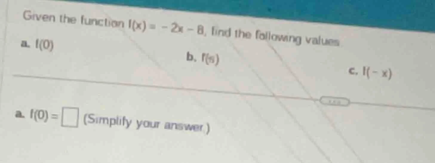 given the function f(x) = -2x - 8, find the following values a. f(0) b.…