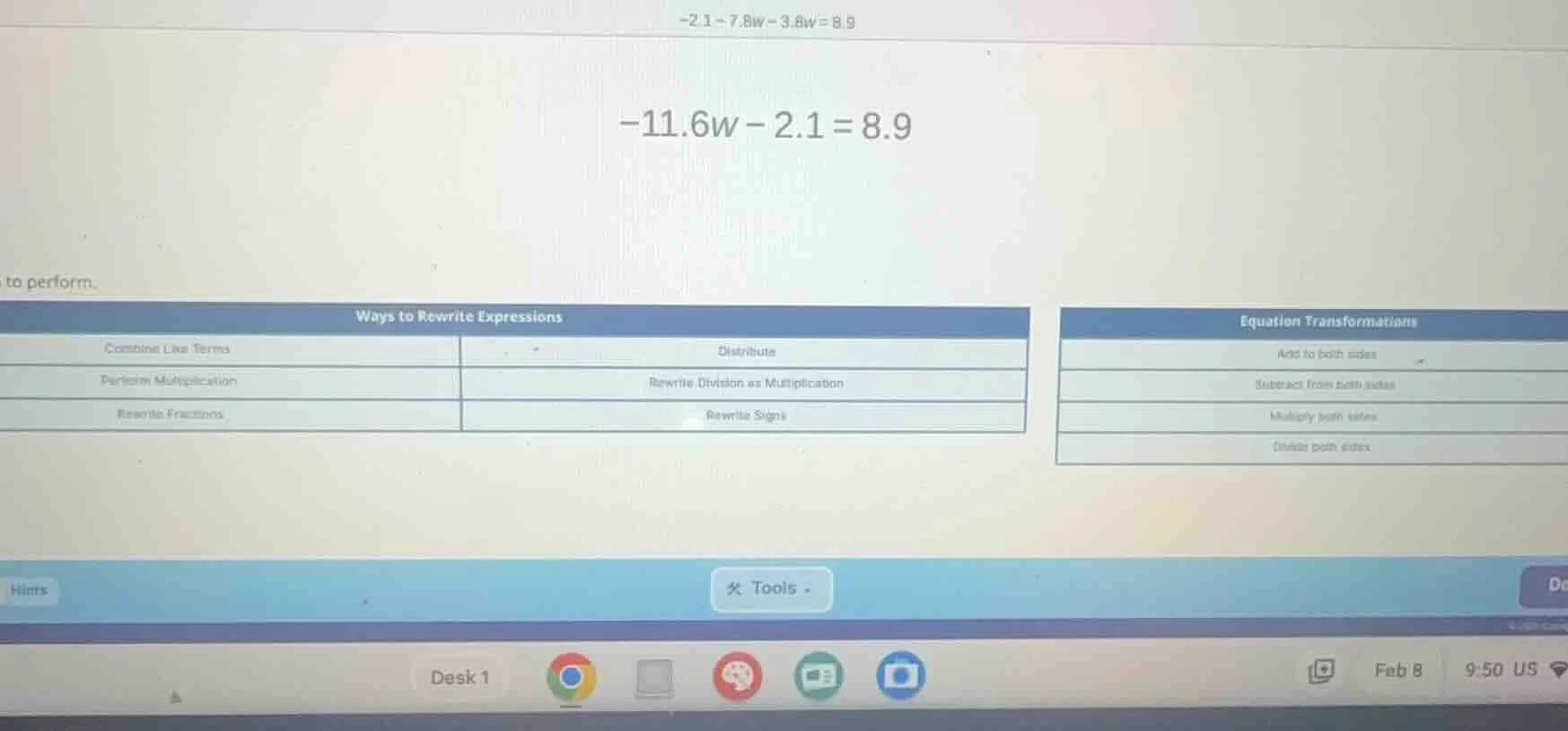 -2.1 - 7.8w - 3.8w = 8.9\ -11.6w - 2.1 = 8.9\ to perform.\ ways to rewr…