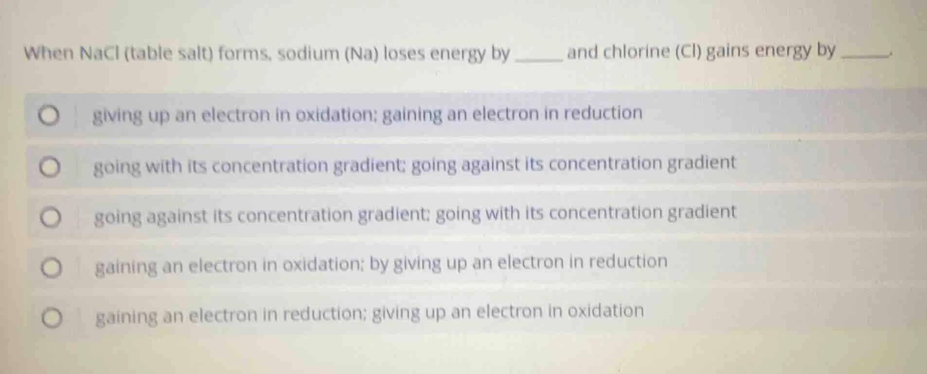 when nacl (table salt) forms, sodium (na) loses energy by ______ and ch…