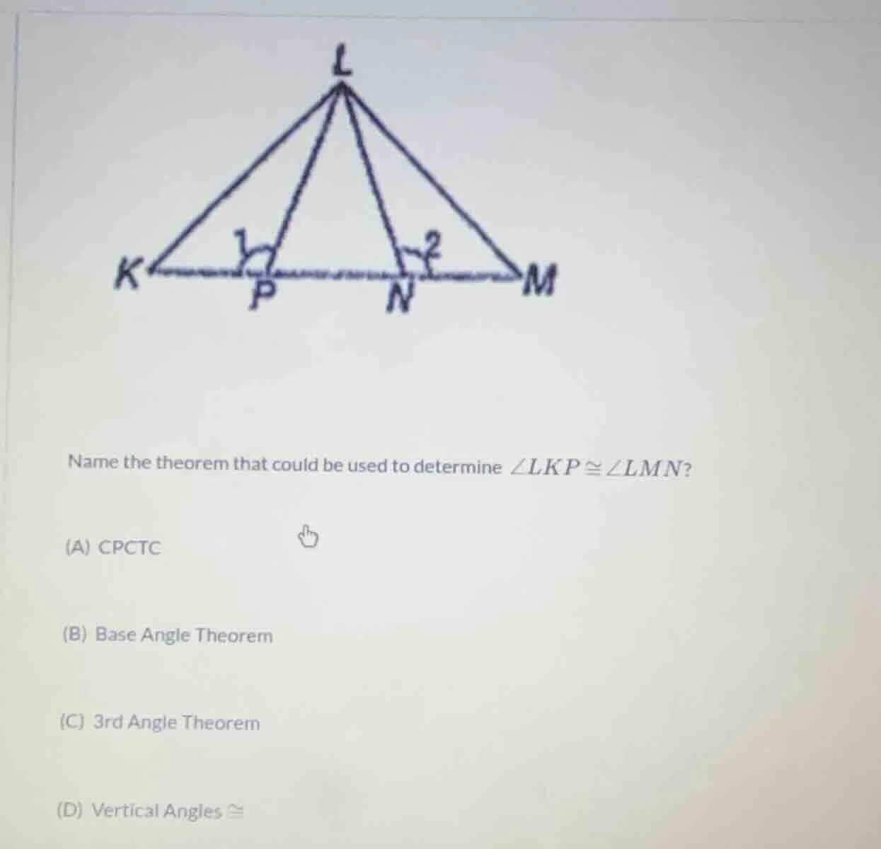 name the theorem that could be used to determine $\\angle lkp \\cong \\…