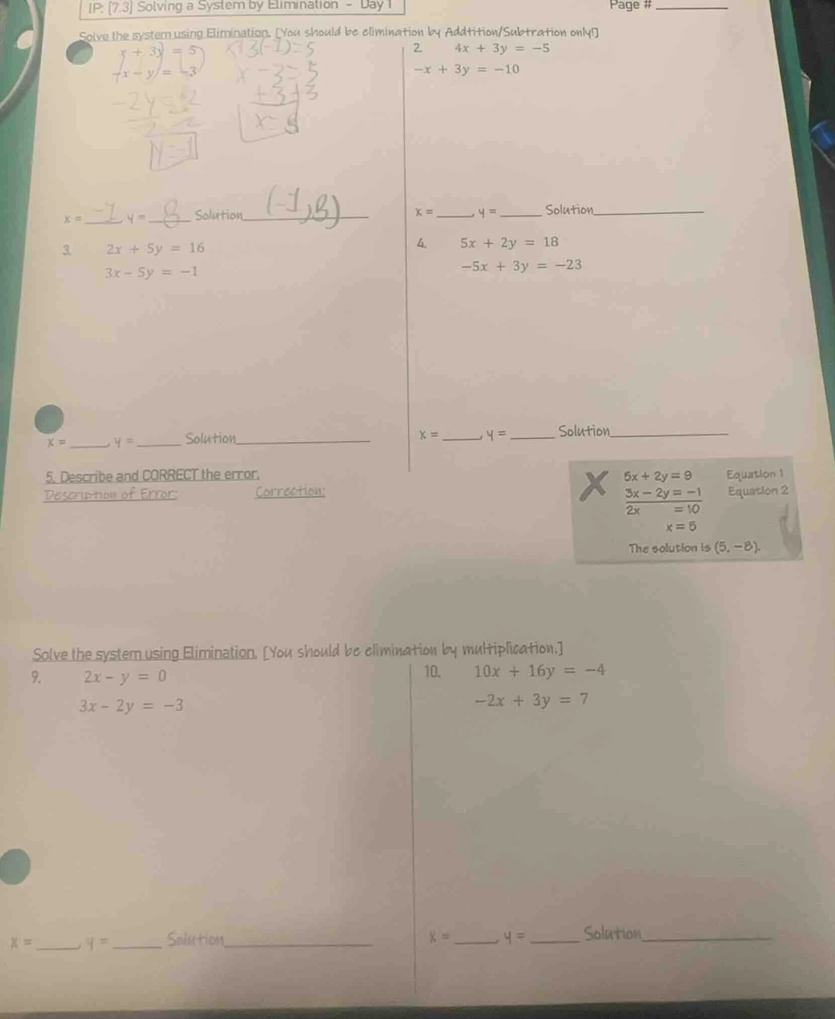 ip: 7.3 solving a system by elimination - day 1 page # solve the system…