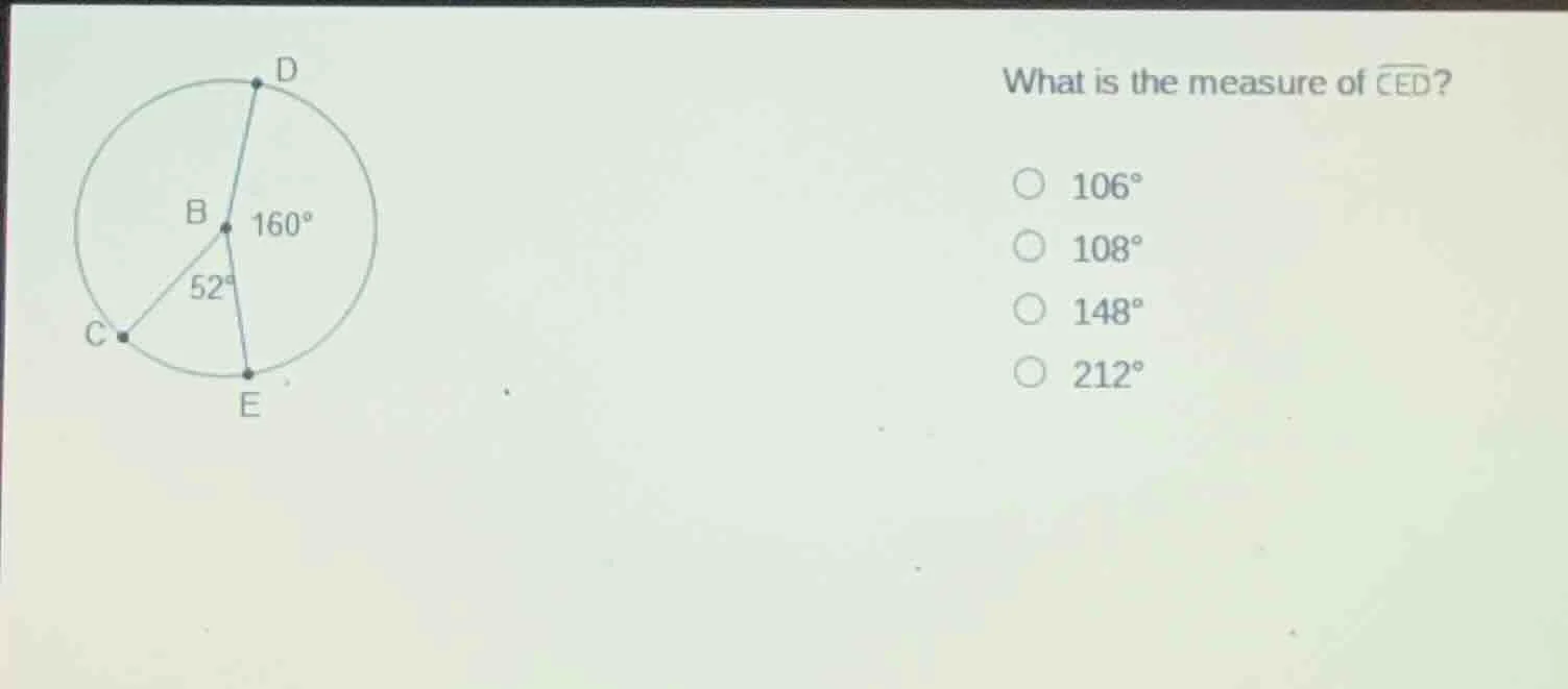 what is the measure of \\(\\overarc{ced}\\)? \\(\\bigcirc\\) \\(106^\\c…