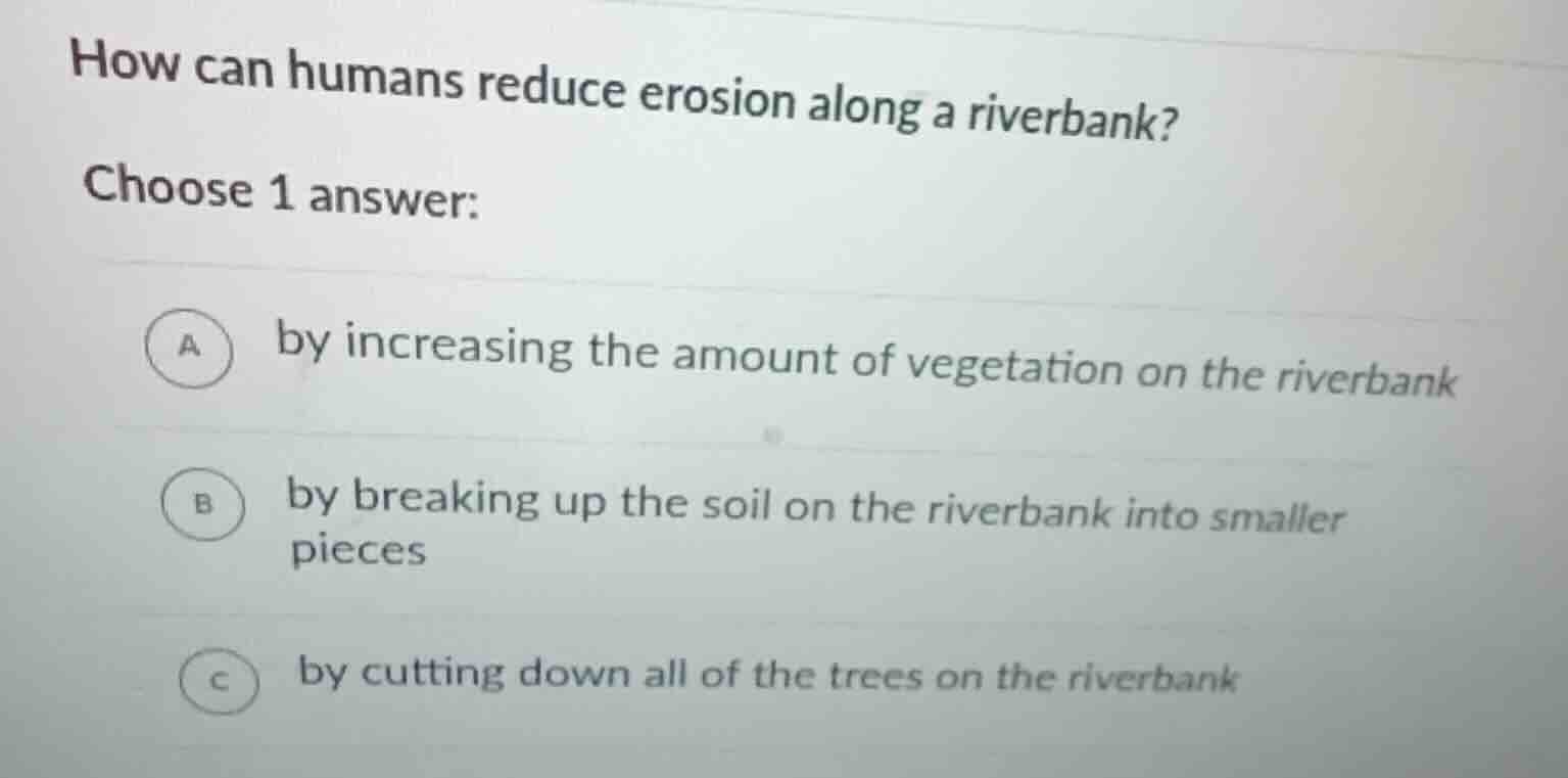 how can humans reduce erosion along a riverbank? choose 1 answer: a by …