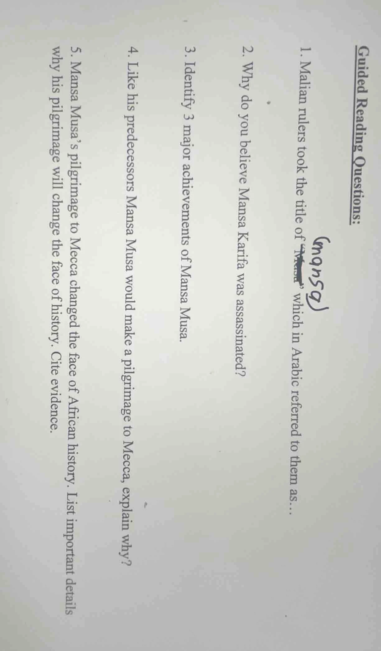 guided reading questions: 1. malian rulers took the title of …, which i…