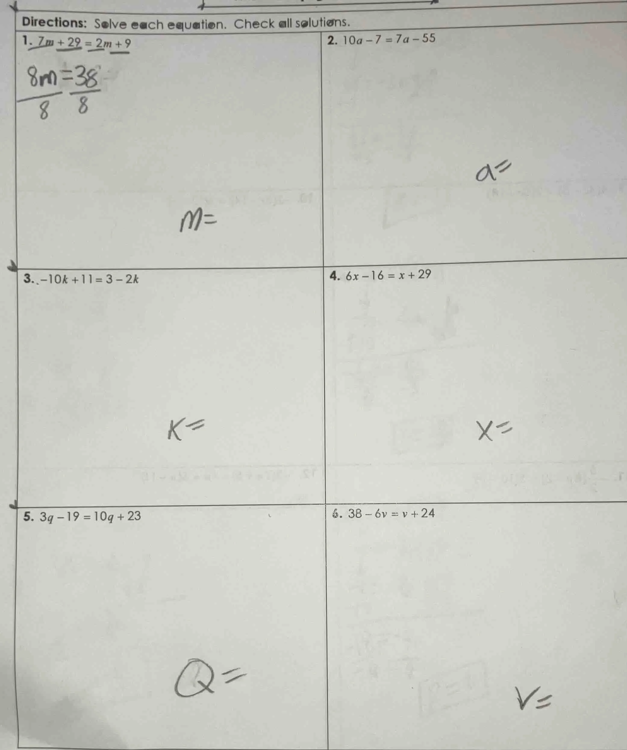 directions: solve each equation. check all solutions. 1. $7m + 29 = 2m …